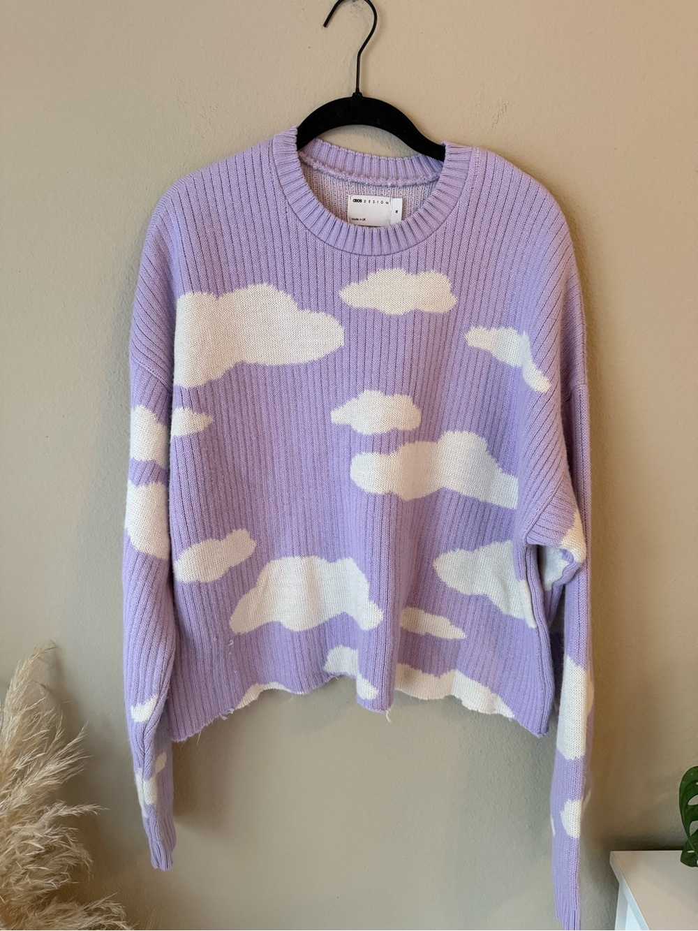 ASOS Design Cloud Pattern Lilac Purple Crewneck Sweater Raw Hem